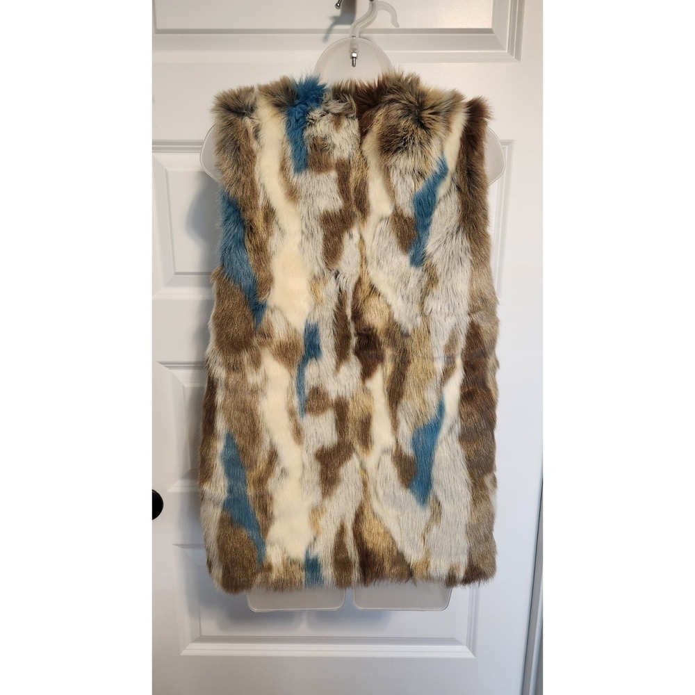 Luxe Patchwork Faux Fur Vest Soft Sleek Brown Blue Multi Mob Wife Aesthetic S - Picture 5 of 10